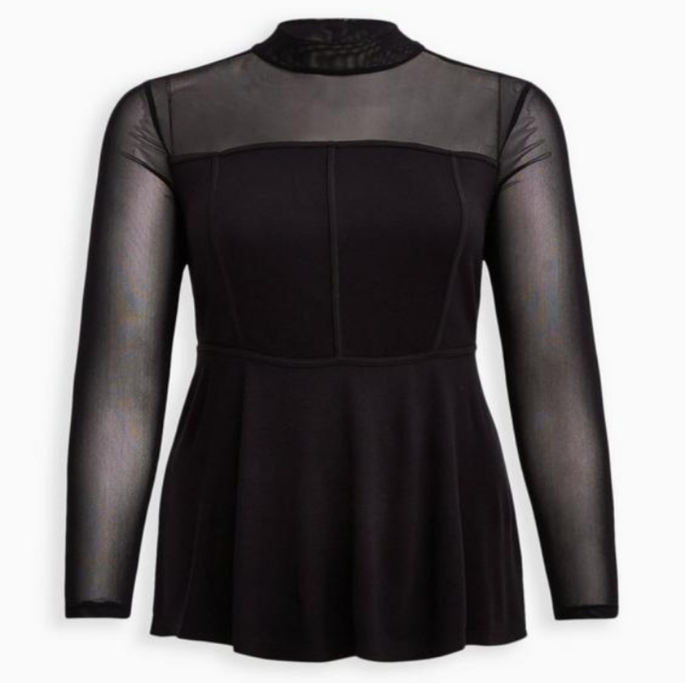 New Torrid 5X(28W) High-Neck Long Sleeve Corset Peplum Top- Ponte& Mesh Black
